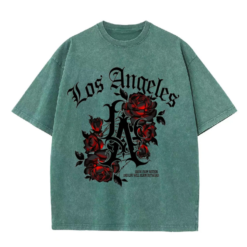 2026 Vintage Washed Khaki Los Angeles Gothic Rose Graphic T Shirt LA Letter Retro Punk Oversized Streetwear Short Sleeve Tee