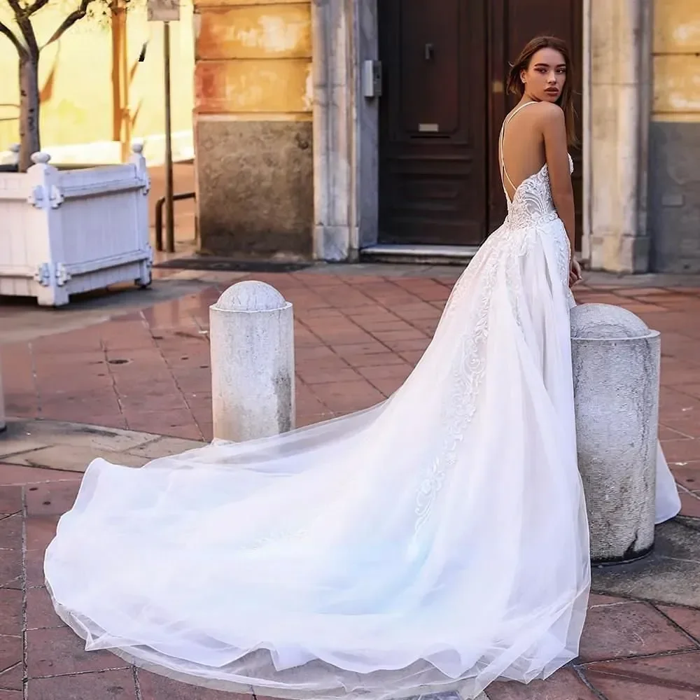 Mn-Robe de Mariée Trapèze Sexy, Bretelles Italiennes, avec Traîne Amovible, Sans Manches, Dos aux, Personnalisée, Nouvelle Collection