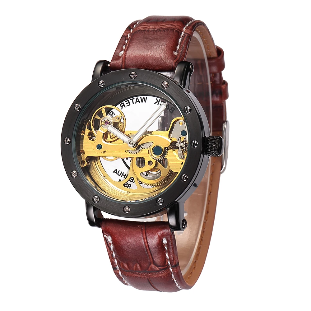 SHENHUA Automatic Men Watch Top Brand Luxury Bridge Skeleton Mechanical Leather Strap Male Business Watches relogio masculino