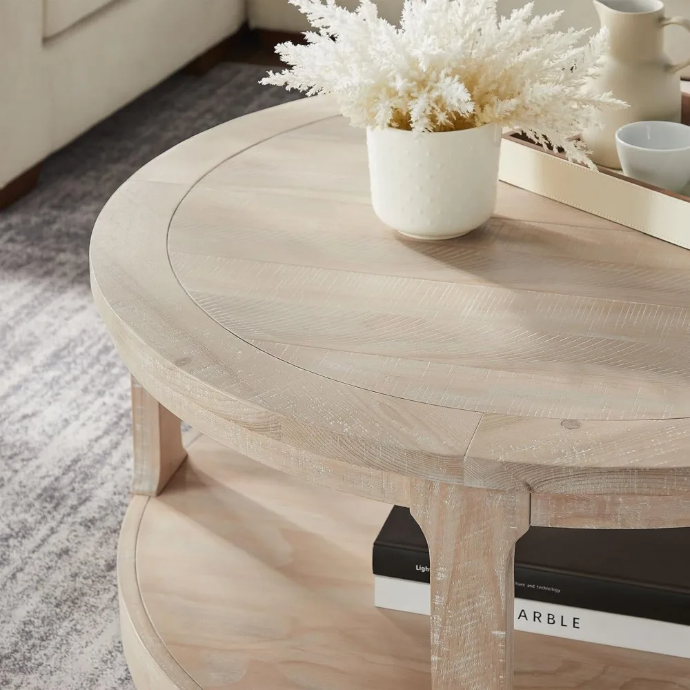 طاولة القهوة المستديرة الخشب البلوط 40 "طاولات القهوة لغرفة المعيشة الحديثة دائرة مركز 2-Tier الصلبة سطح المكتب أضيق الحدود