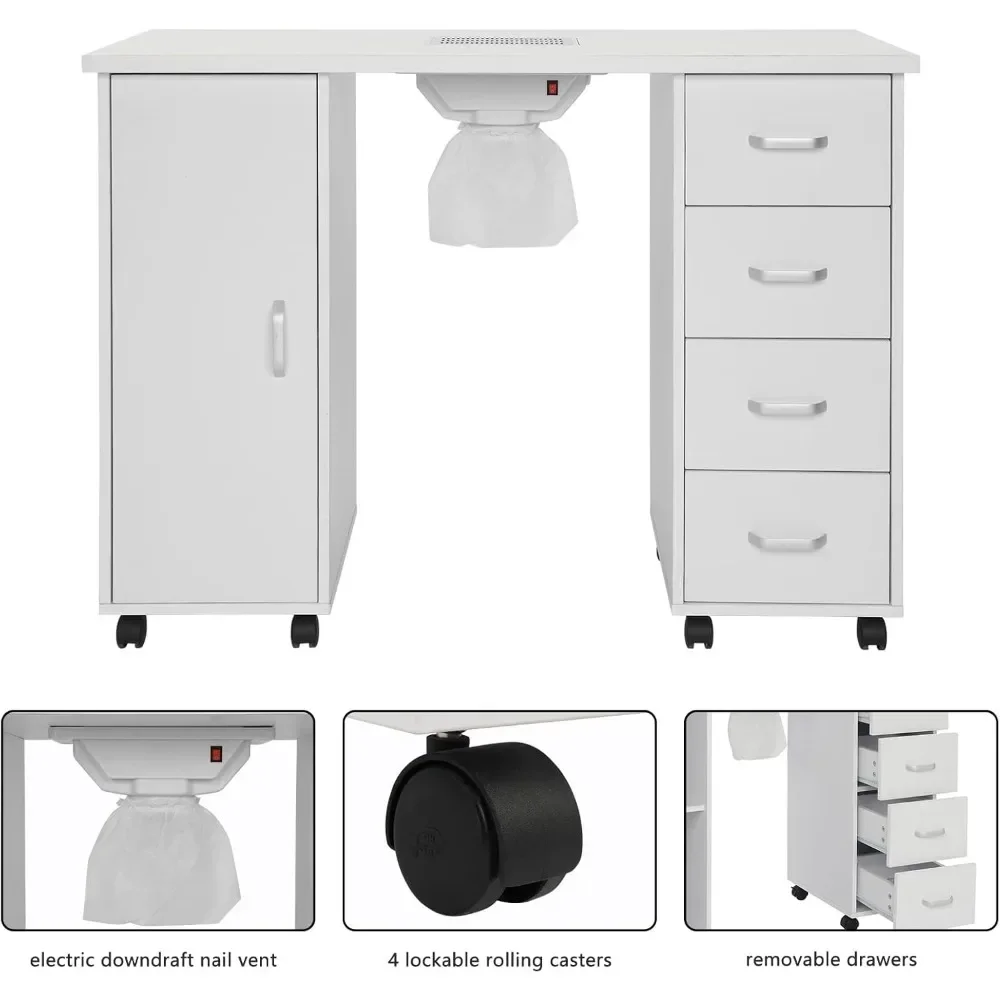 Station de table à ongles pour manucure, bureau à ongles pour salon spa avec évent électrique descendant, roulettes verrouillables, armoire de rangement à 2 niveaux