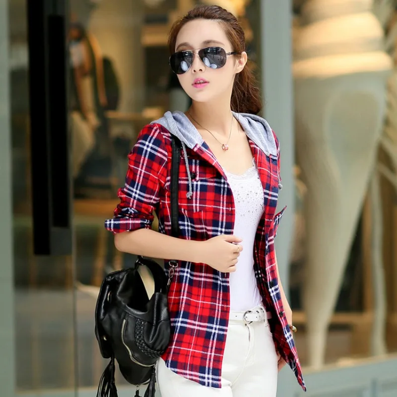 Women\'s Hooded Long Sleeve Flannel Plaid Blouses Casual Checkered Shirt Women Blusas Feminina Spring Tops Loose Outerwear M-XXXL