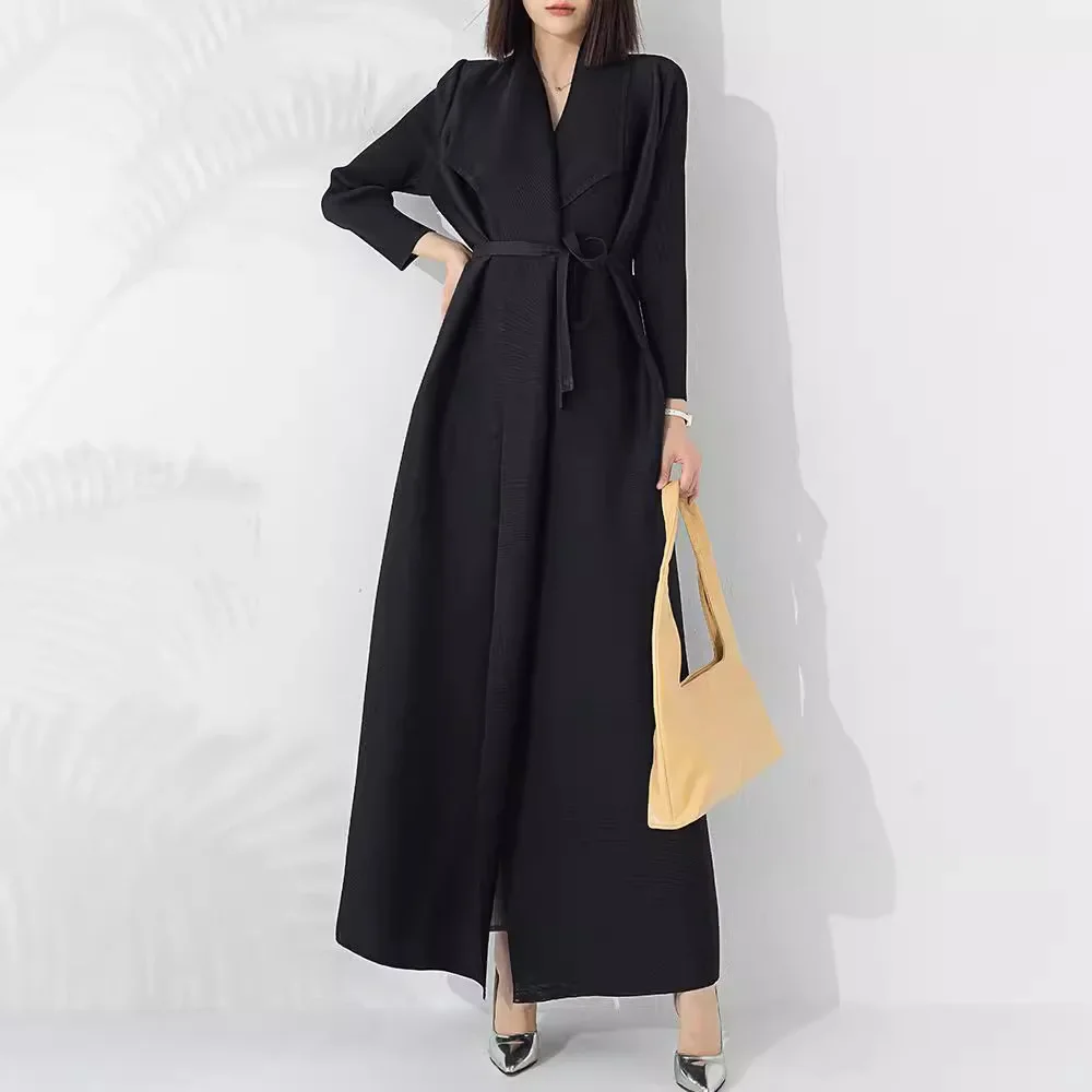 Miyake Pleated Women's Trench Coat Retro Design Loose Large Size Cardigan Long Sleeve Lapel Waist Tie Design Stretch Outer Robe