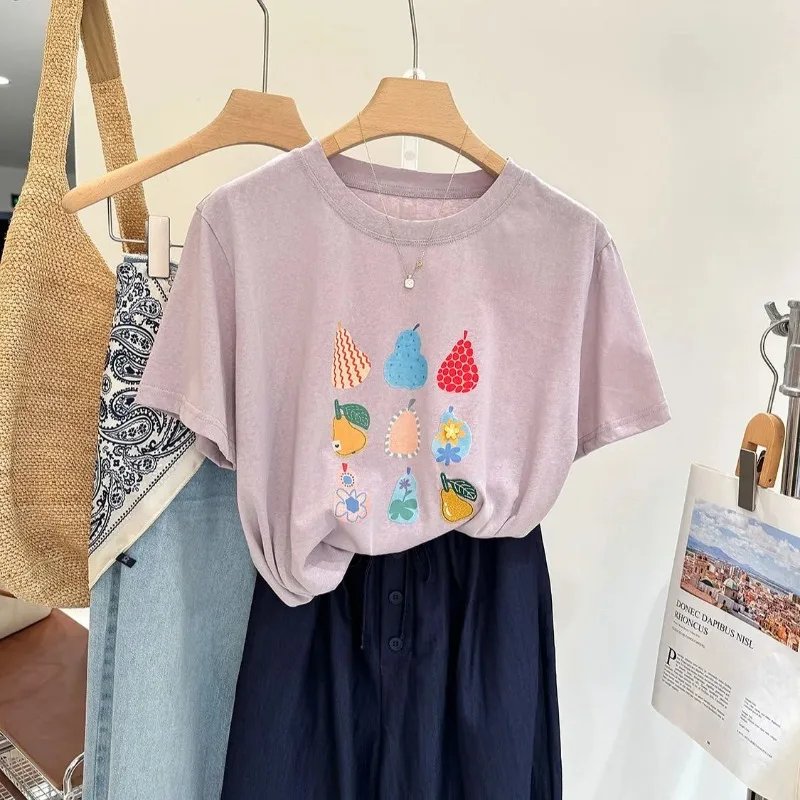 Women's Colorful Pear Print Short Sleeve Linen Blend T-shirt Casual Summer Top