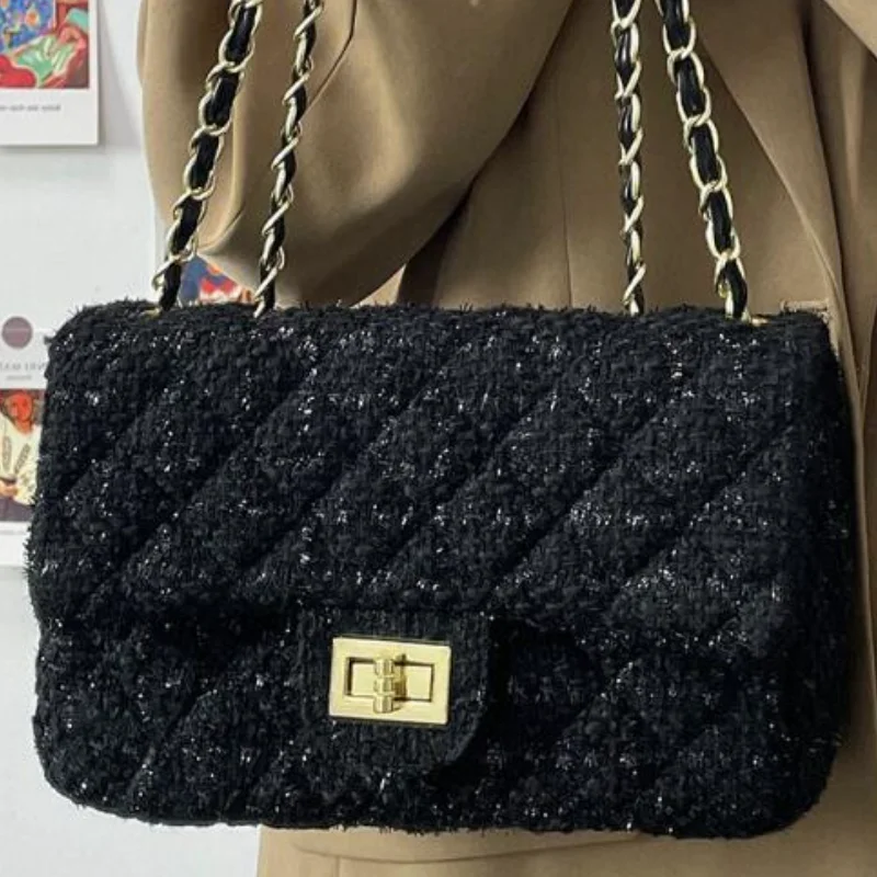 Female Shoulder Bags New Black Small Fragrant Wind Rhombic Lattice Chain Bag Lady Leisure Crossbody Bag Fashion Small Square Bag