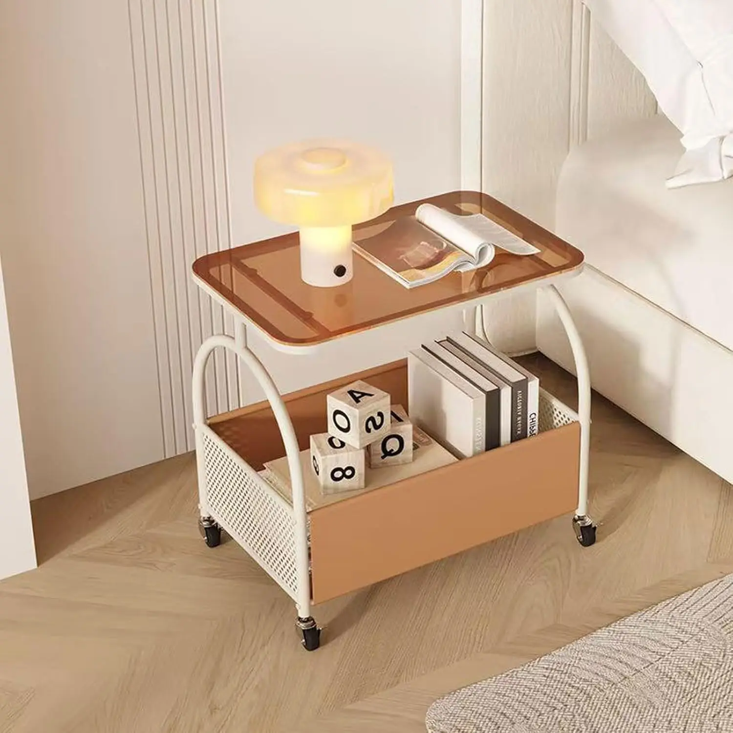 

2-Tier Rolling Side Table with Glass Top Storage Basket Mobile End Table/Coffee Table with Wheels for Living Room, Bedroom, Kitc