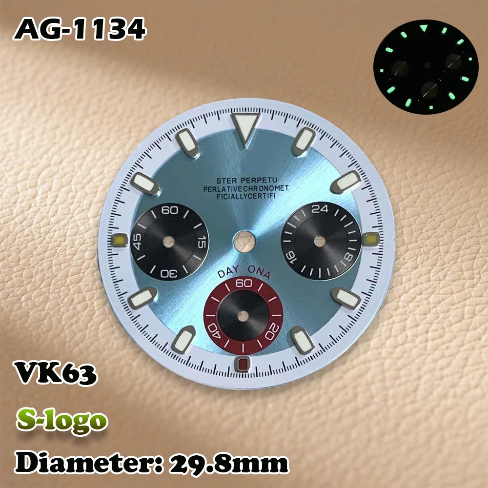 VK63 29,8 mm uurwerken S-Logo Panda Style Dial - Groene lichtgevende C3 herenhorloges Bekijk modificatie accessoires
