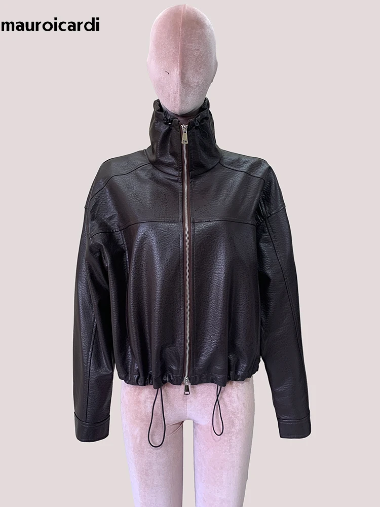 

Mauroicardi Spring Autumn Short Windproof Brown Faux Leather Jacket Women Long Sleeve Stand Collar Zip Up Korean Fashion Clothes