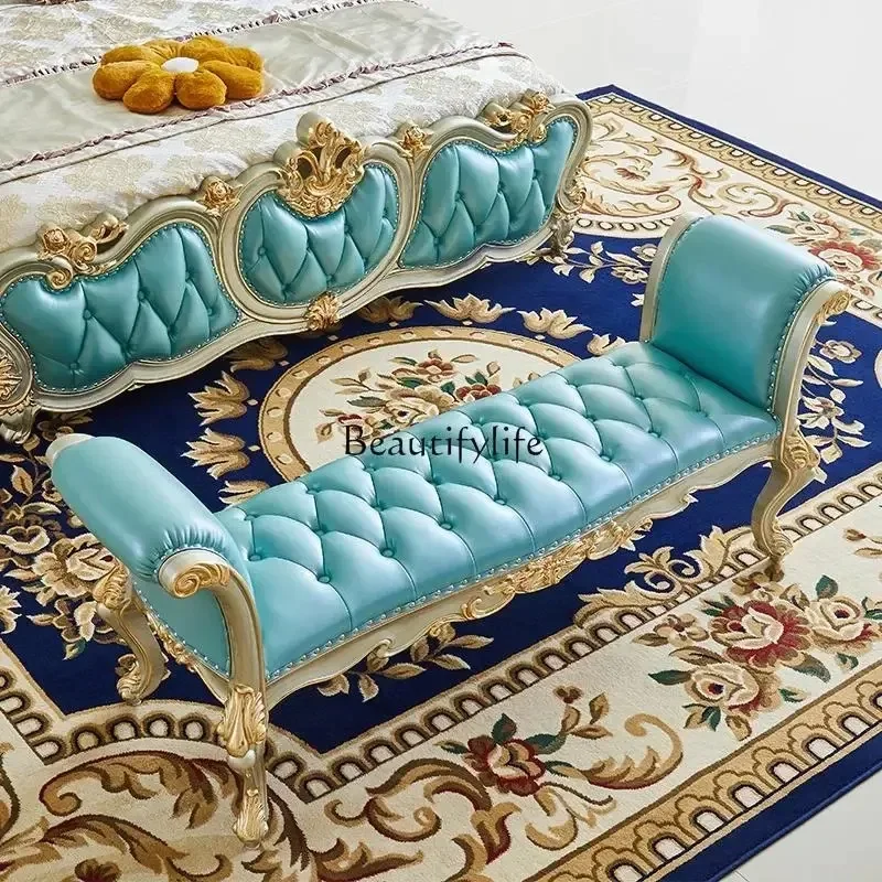 European-style first-layer cowhide bed stool solid wood stool master bedroom furniture
