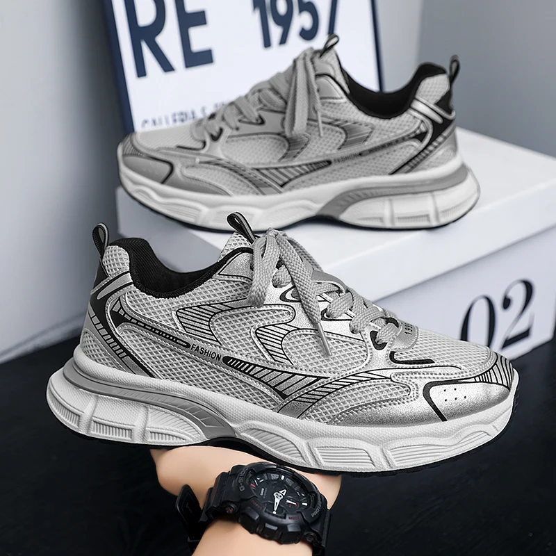 

Мужская прогулочная обувь для бега, удобная сетчатая обувь для тенниса, модные классические кроссовки для взрослых, серебристая спортивная обувь, Молодежная тренировочная обувь