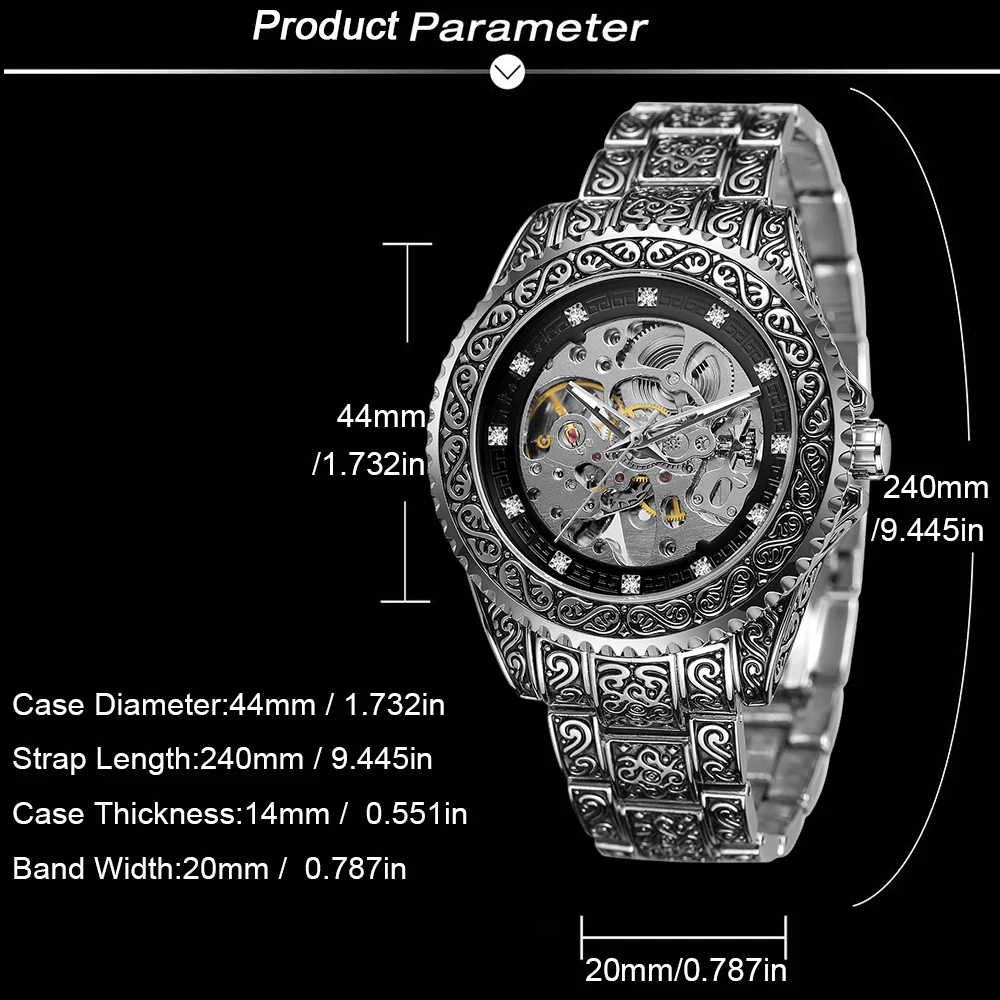 FORSINING Retro Carving Herren Skeleton Automatische Mechanische Uhren Coole Strass Silbrig Vintage Edelstahl Mode Uhr