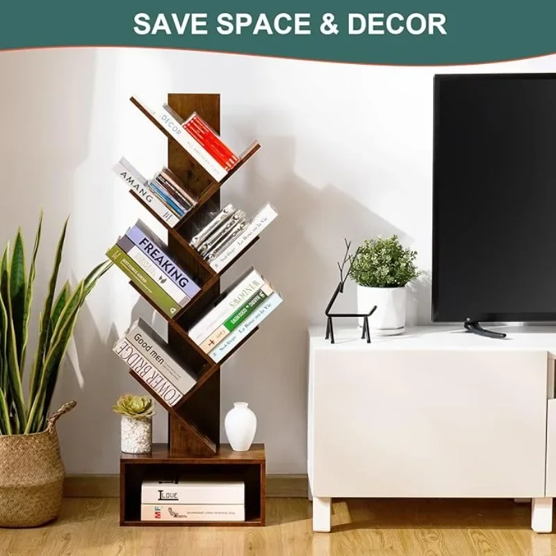 Tree-6 Shelf Retro Floor Standing Bookcase, Tall Wood Book Storage Rack for CDs/Movies/Books, Utility Book Organizer Shelves