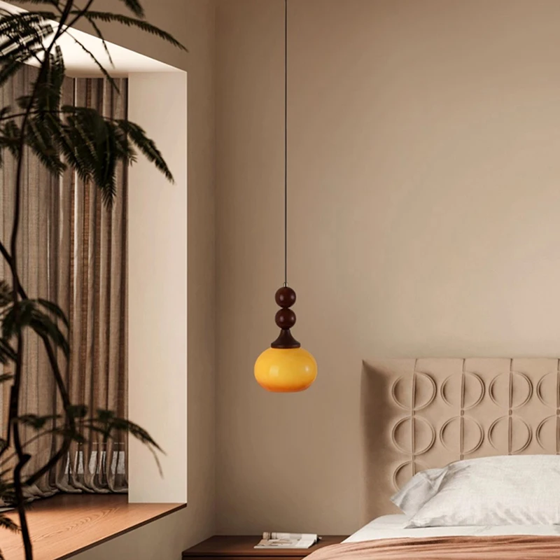 Middle aged bedside pendant lighting American retro solid wood master bedroom study room glass hanging line wall ligthing lamp
