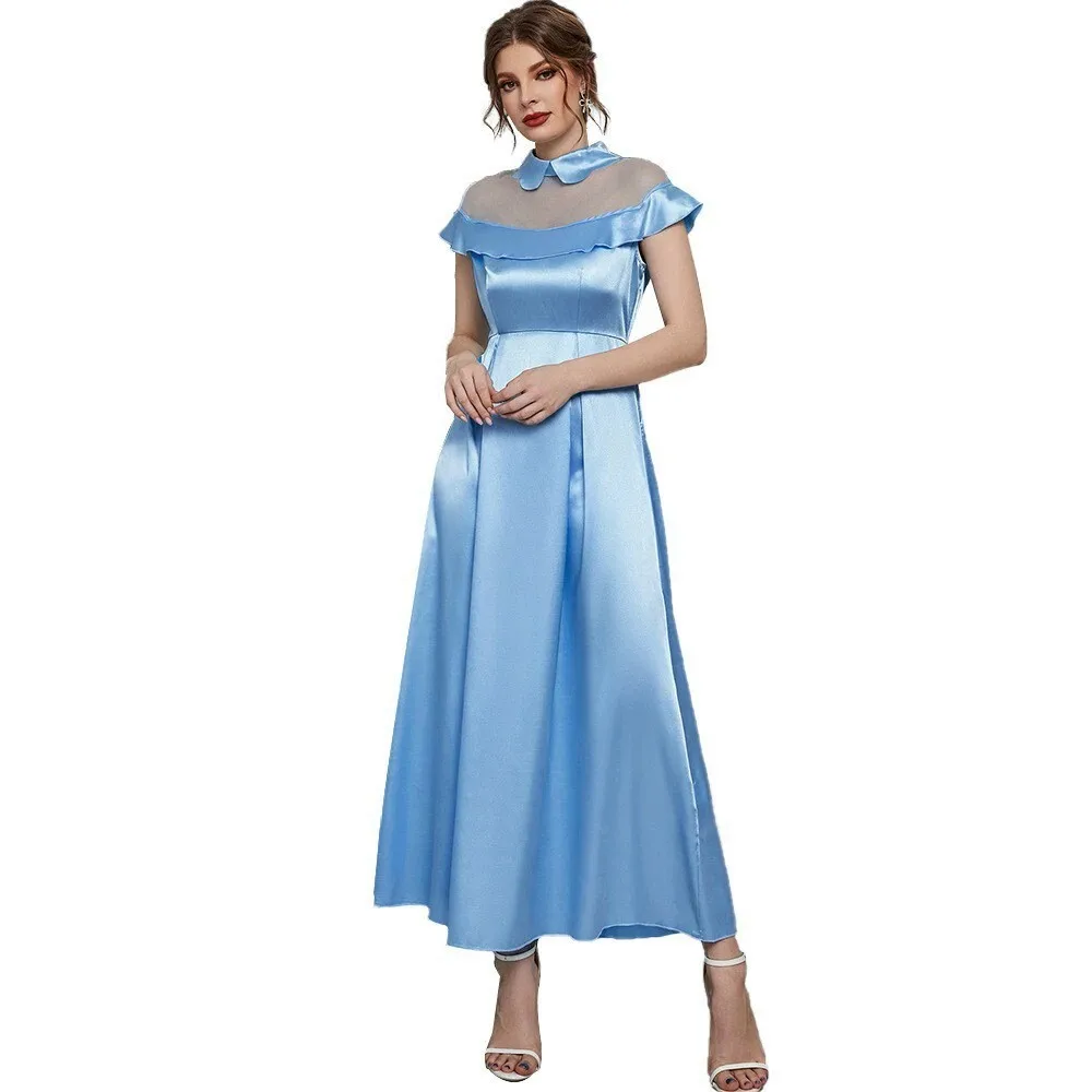 ZTY-21527 Vestido largo de malla azul brillante para mujer, falda acampanada de cintura alta, verano