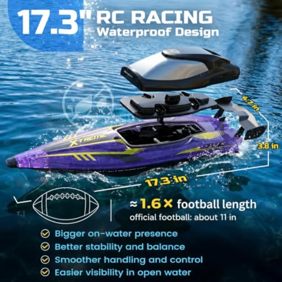RC jet boat for pools and lakes, ABS plastic, blue, self-righting design with 9 LED lights, 25+ KPH speed, 30-min runtime