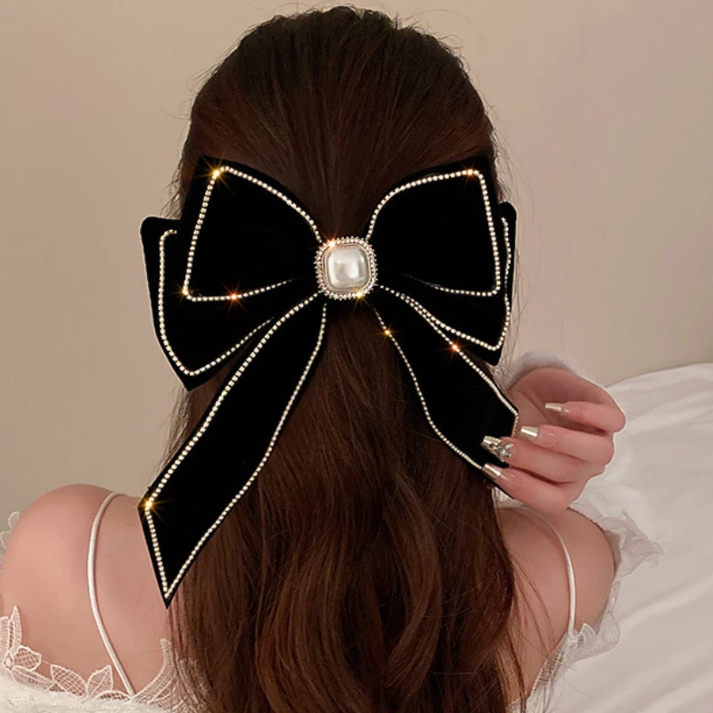 Velvet Inlaid Rhinestone Pearl Bow Hair Clip for Women Korean Fashion Exaggerated Hair Claws Exaggerated Hair Accessories