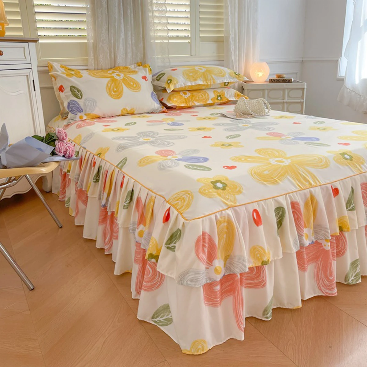

Active printed sheets with bed skirt set, Korean style, Princess room sheet