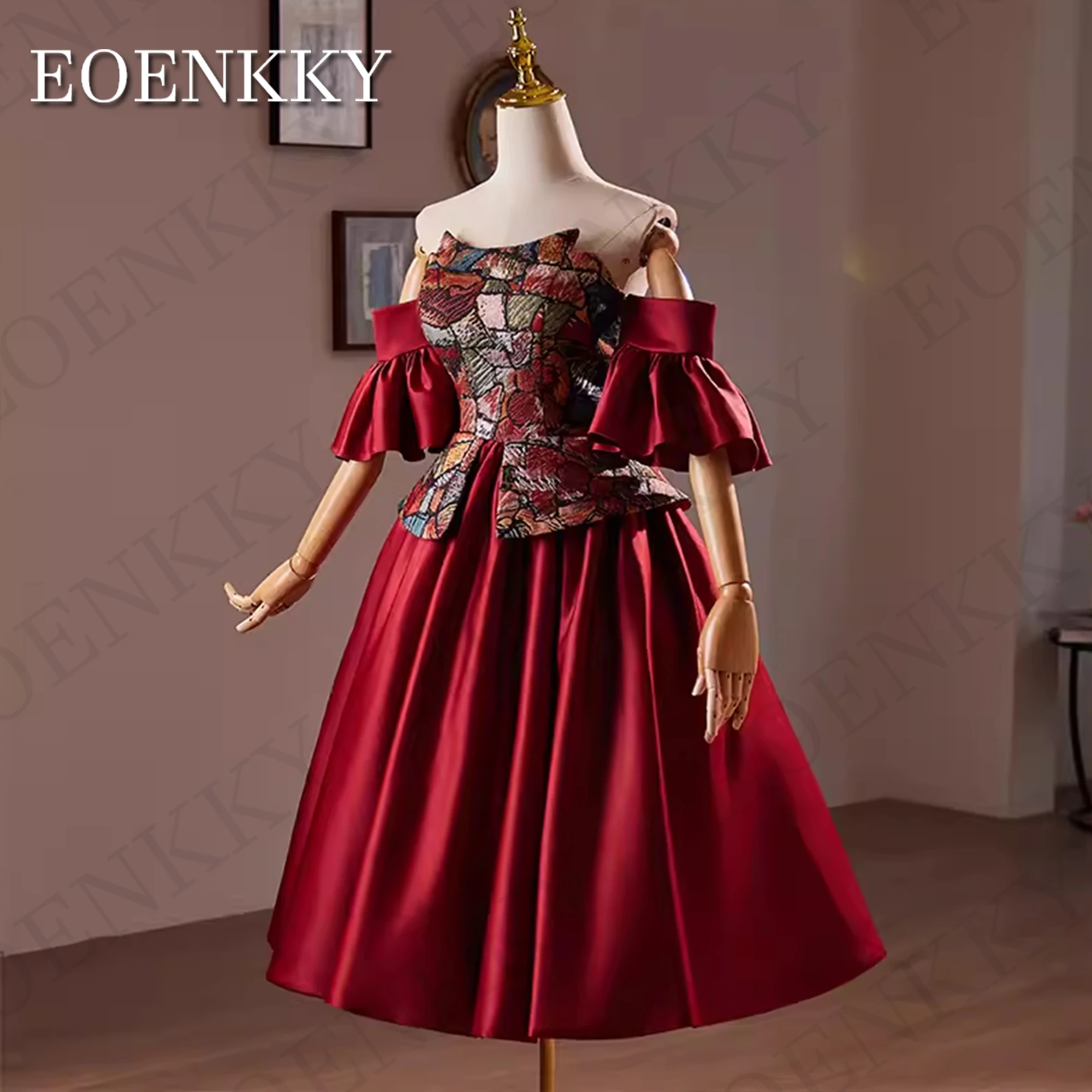 Vestido de satén con hombros descubiertos para graduación, traje Burdeos de lujo, línea A, hasta la rodilla, cuello redondo, fiesta Off The Shoulder Satin Prom Dress Lujo Borgoña  Una línea hasta la rodilla vestidos de