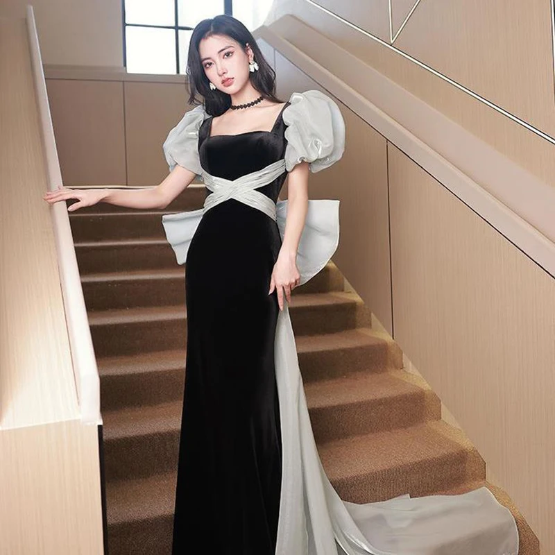 

French Style Velvet Banquet Evening Dress Women Square Collar Puff Sleeves Big Bow Cocktail Dresses Exquisite Elegant Host Gown