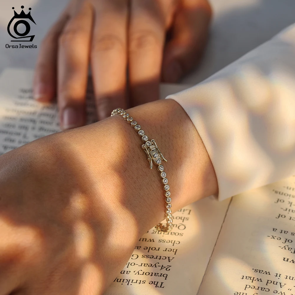 ORSA JEWELS 925 Sterling Silver Tennis Bracelet for Women 1.5/2/3mm Cubic Zirconia Handmade Chain Bracelets Party Jewelry SB143