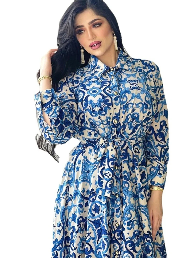 Eid Mubarak Abaya Dress Dubai Muslim Women Print Blue Hijab Dresses Turkey Islamic Clothing Caftan Marocain Vestido Musulmane