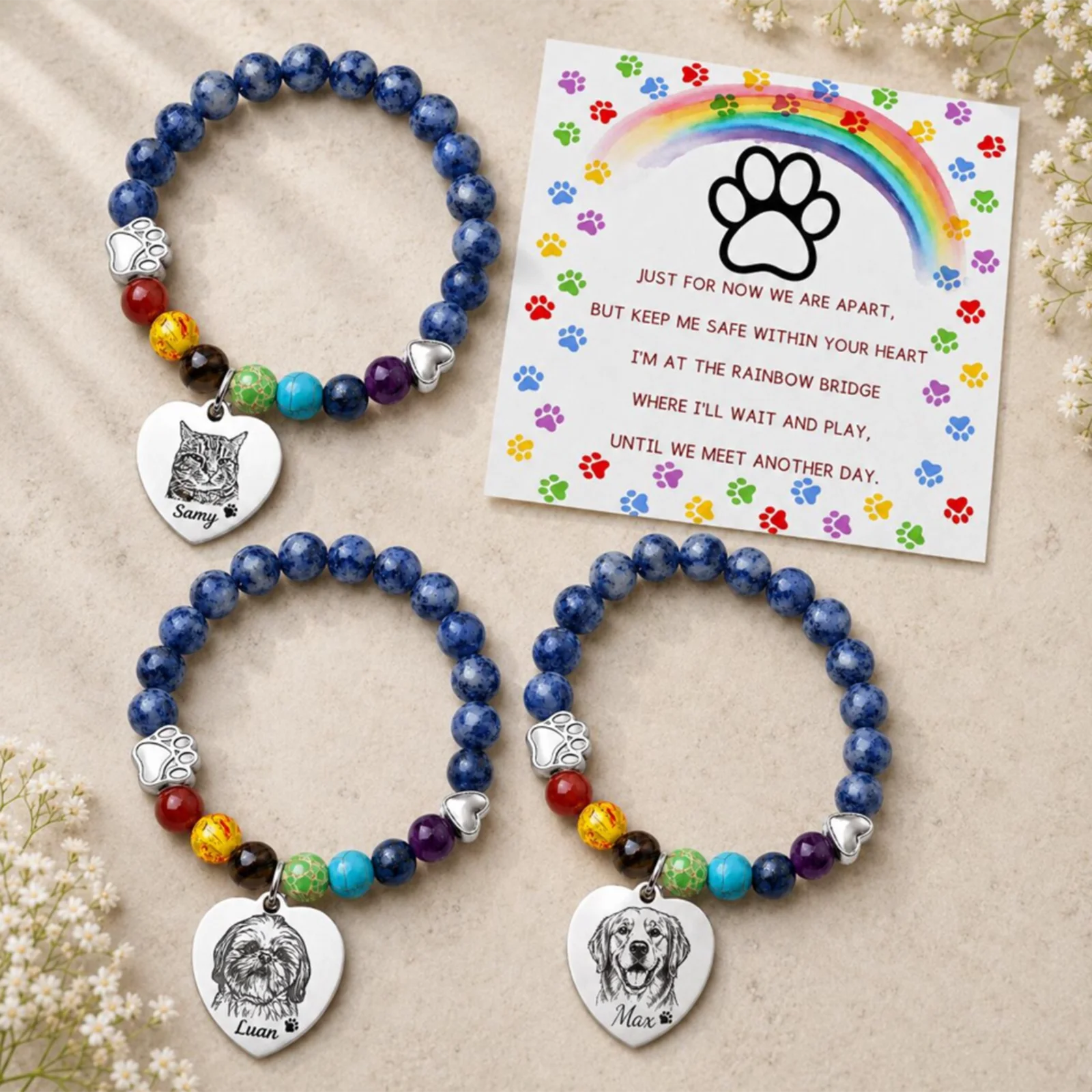 Pet Portrait Rainbow Bridge Pet Memorial Bracelet for Beloved Dog Cat, Pawprint on My Heart Personalized Handmade Bracelet