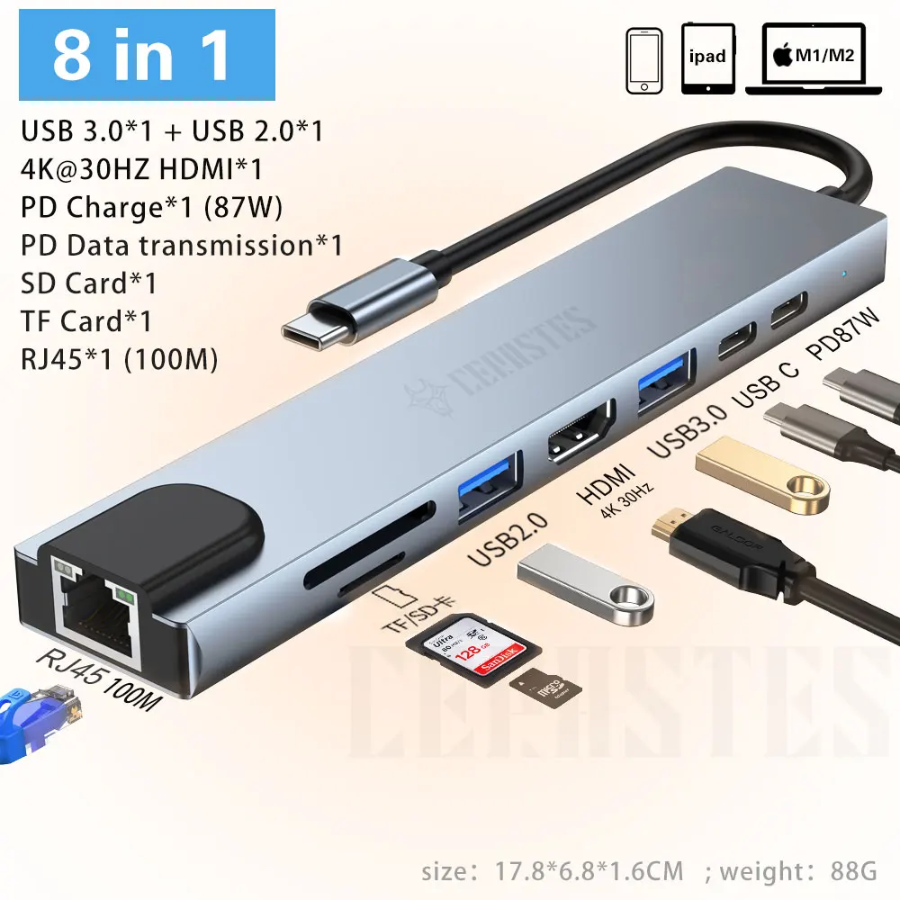 Cerastes-USB cハブドックステーション,USB 3.0タイプCからHDMI互換,macbook pro m1 air m2ラップトップ用のUSB充電アダプター