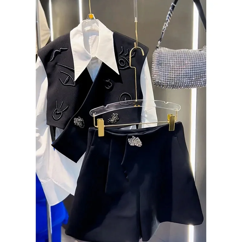 BESTBAFU الخريف موضة 3 قطعة مجموعة للنساء مصمم مجموعة التطريز شيك زر سترة + قميص أبيض + شورت الزي الأنيق 823P