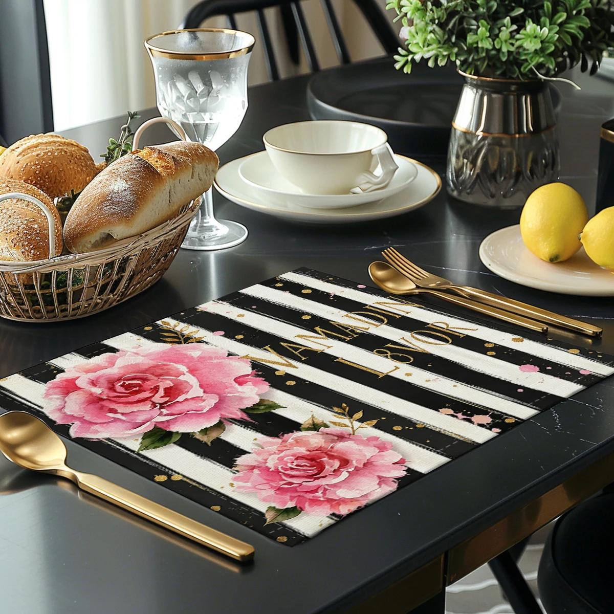 Happy Birthday Pattern Polyester Placemat - Festive Crown Rose Balloon Print Table Mat, Decorative Party Table Accessory