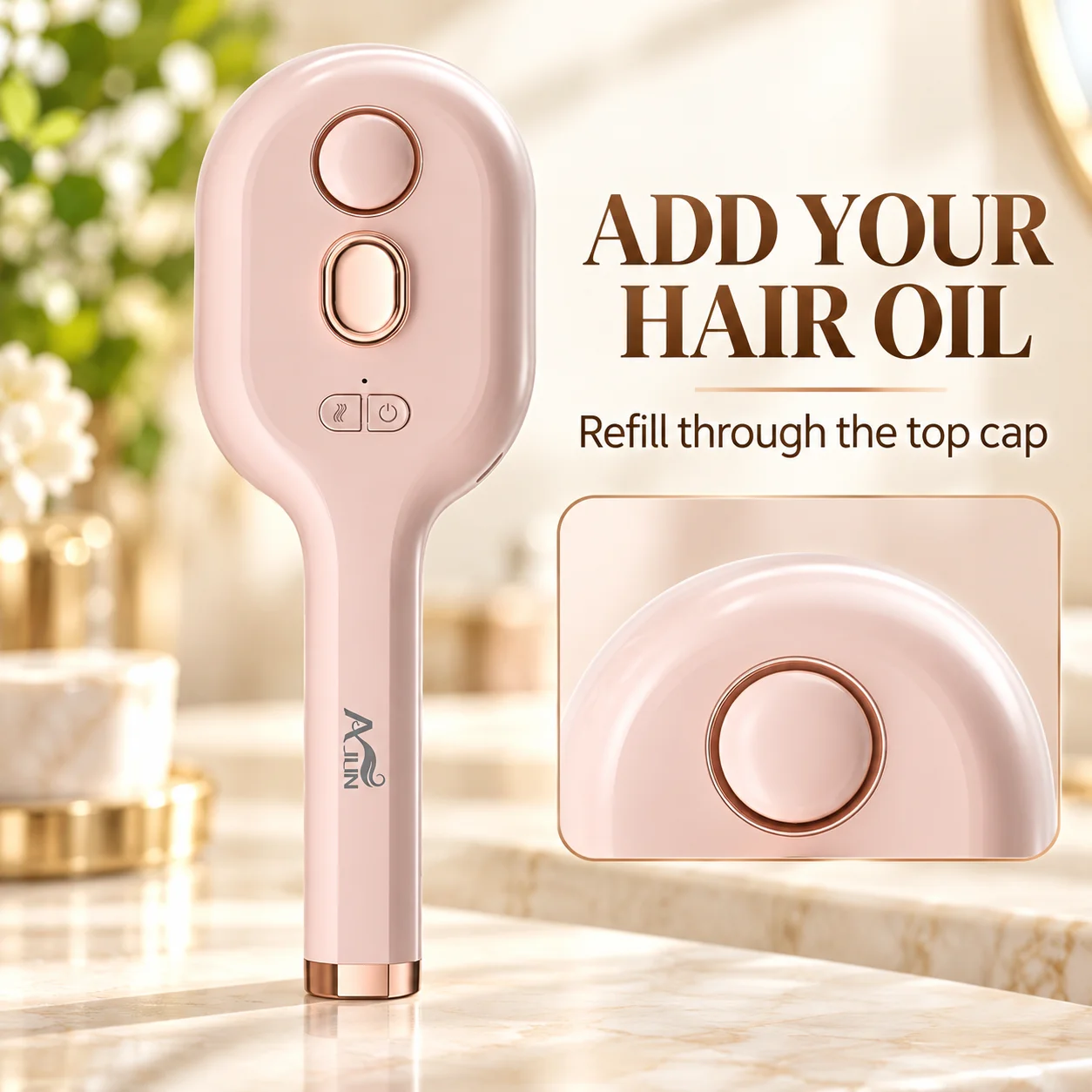 Mist Spray Hair Brush with Refillable Hair Oil Tank, One-Press Hair Release, Separate Mist and Power Buttons, Easy-to-Hold Handl