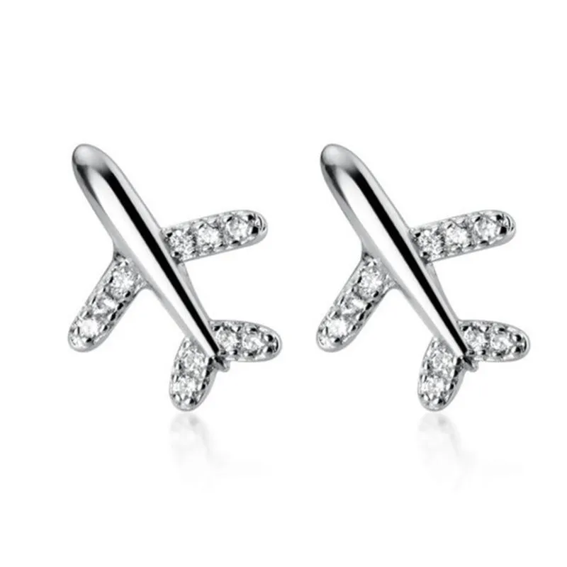 Xingyunday Zircon Aircraft Earrings for Women Girl Cute cartoon Ear Buckle Korean Fashion Gold Silver Color Jewelry Gifts