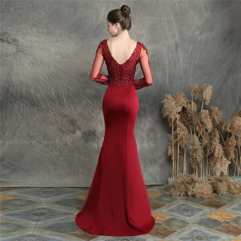 Maßgeschneidertes Fischschwanzkleid mit V-Ausschnitt, Blumenspitze, handgefertigt, Perlenapplikation, langärmeliges Kleid, Hochzeit, Party, Abendkleid für Frauen