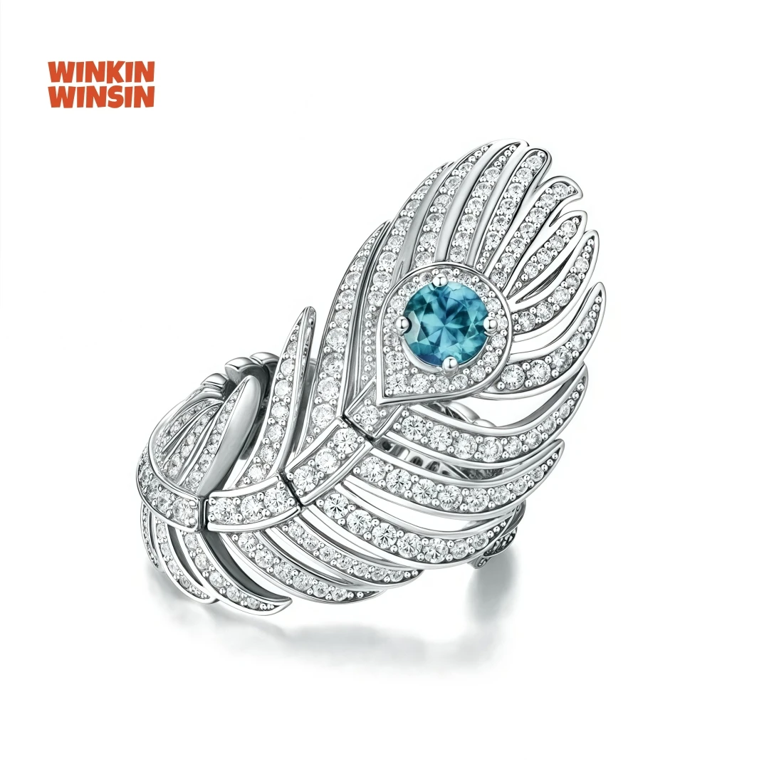 

WINKIN WINSIN Brand MST 925 Sterling Silver Feather Ring with High Carbon Diamond Blue Sapphire Feather Rings Jewelry