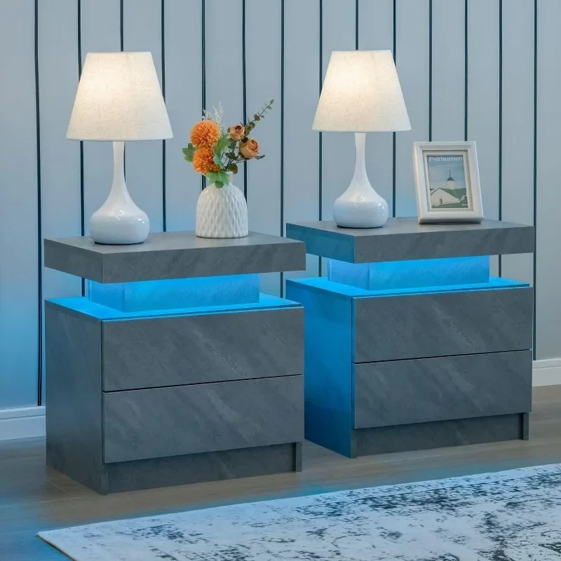 Grey Night Stand Set 2 Modern Bedside Tables with 2 Drawers Bedroom Night Stands Set of 2 LED Night Stand for Bedroom