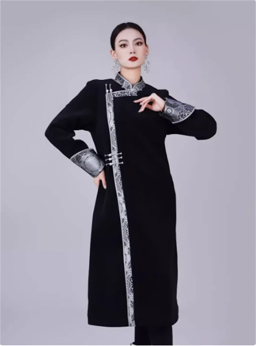 Ethnic style long autumn and winter brushed woolen coat with distinctive features