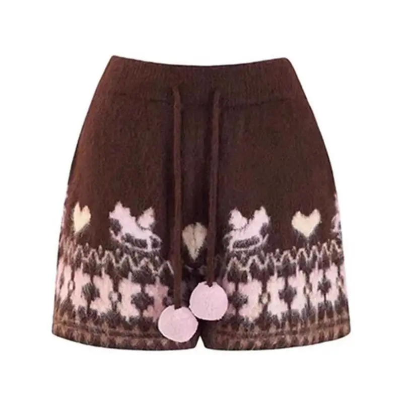 Women Fair Isle Pattern Knit Shorts Drawstring Elastic Waist Cute Casual Woolen Short Pants