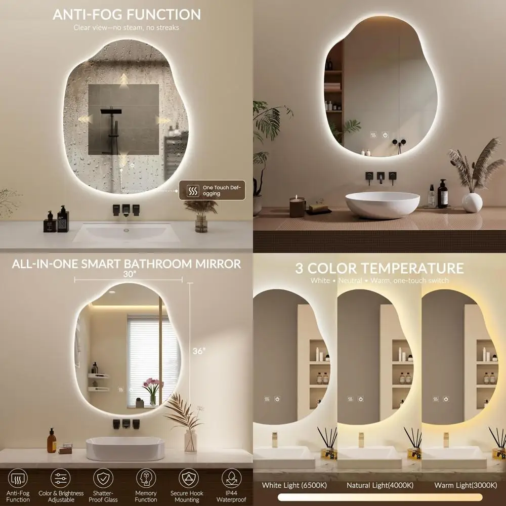 

Зеркало для макияжа с LED-подсветкой 36 x 30 дюймов, 3-цветное регулируемое освещение и функция защиты от запотевания