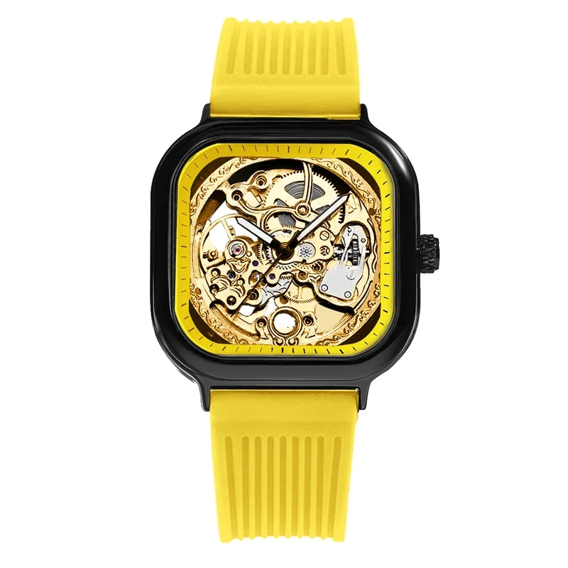 New Men\'s Personalized Design Sports Trend Watch Square Yellow Silicone Strap Fully Automatic Men\'s Mechanical Watch