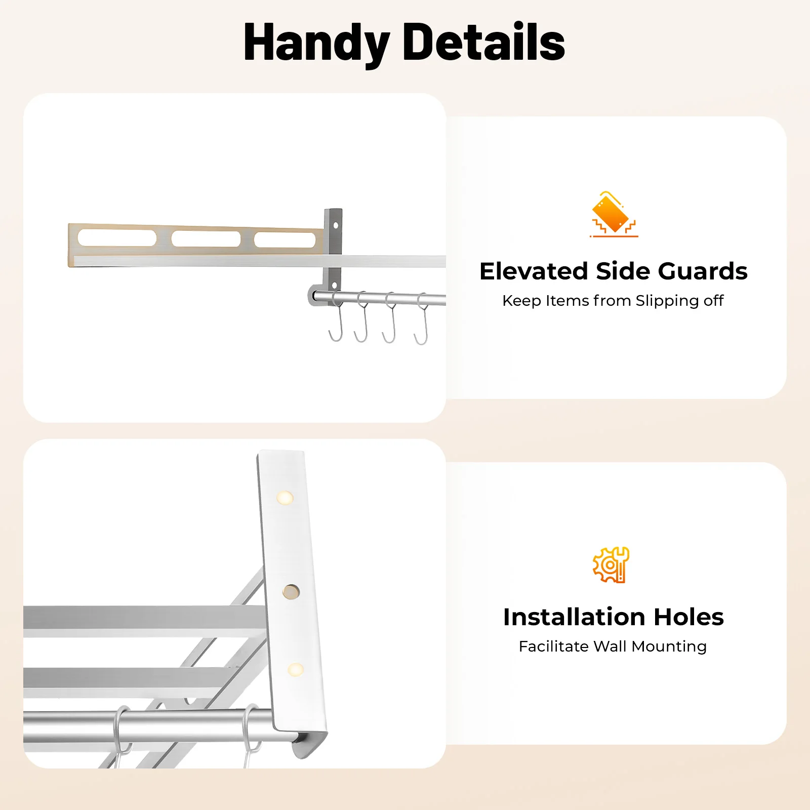 رف ميكروويف من الفولاذ المقاوم للصدأ على الحائط، رف تخزين المطبخ بوزن 18 كجم مع خطافات للاستخدام المنزلي التجاري #5