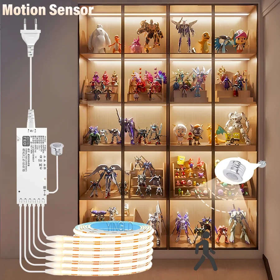 COB LED Strip 220v/110V Kitchen LED Under Cabinet for closet Light Wood Penetrable Touch Switch Motion sensing sensor