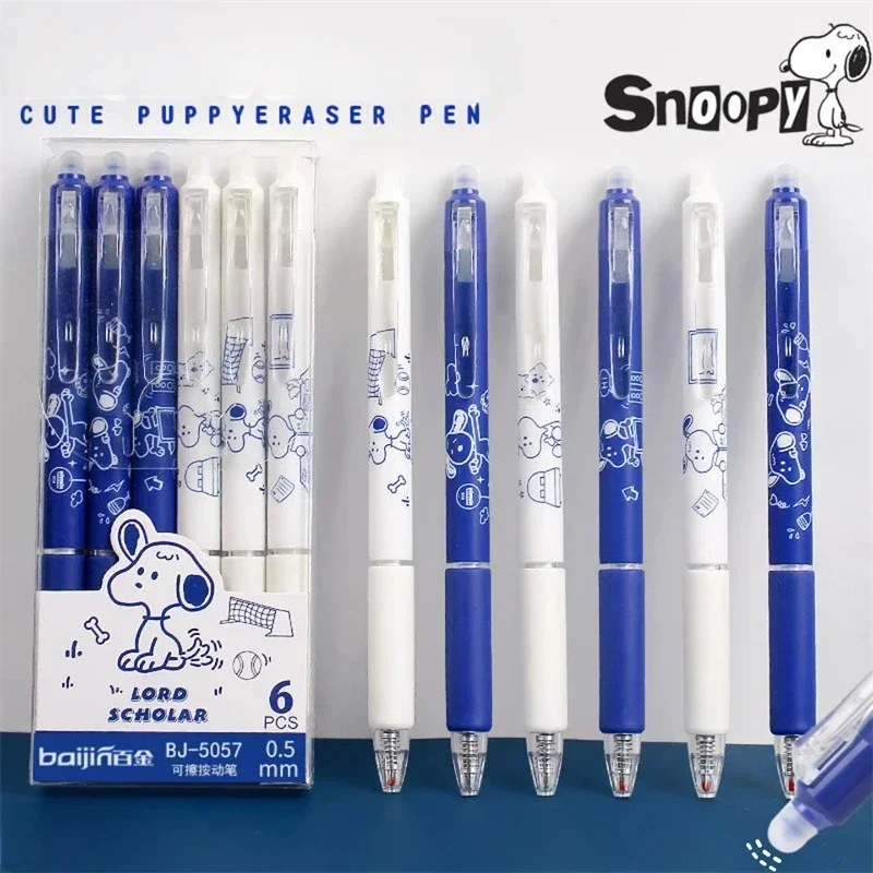 6pcs Snoopy Cartoon Gel Pens 0.5mm Press Erasable Blue Black Ink Neutral Pen Student Stationery School Writing Supplies Gift