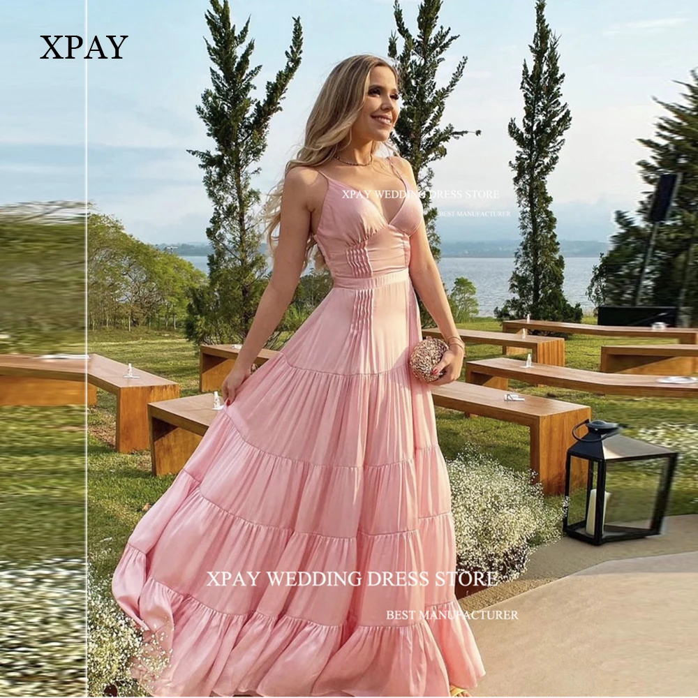 

XPAY Spaghetti Straps Pink Silk Evening Dresses Tiered Skirt Long Prom Gowns Wedding Party Beach Formal Occasion Dress