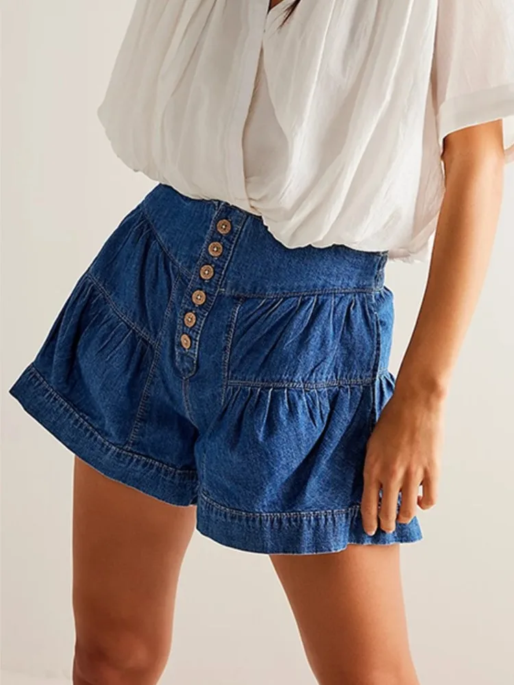 Elegant Washed Denim Shorts Summer Women High Waist Loose Ruffles Commuting Solid Color A Line Button Decoration All-match Jeans