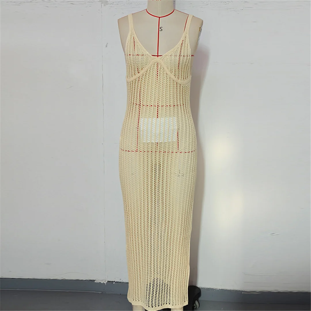 V-Ausschnitt, rückenfreies, ausgehöhltes, gehäkeltes, gestricktes Tunika-Strandkleid, Strandmode, Strandbekleidung, Strand-Cover-up, Damen, V7628 – Detail 11