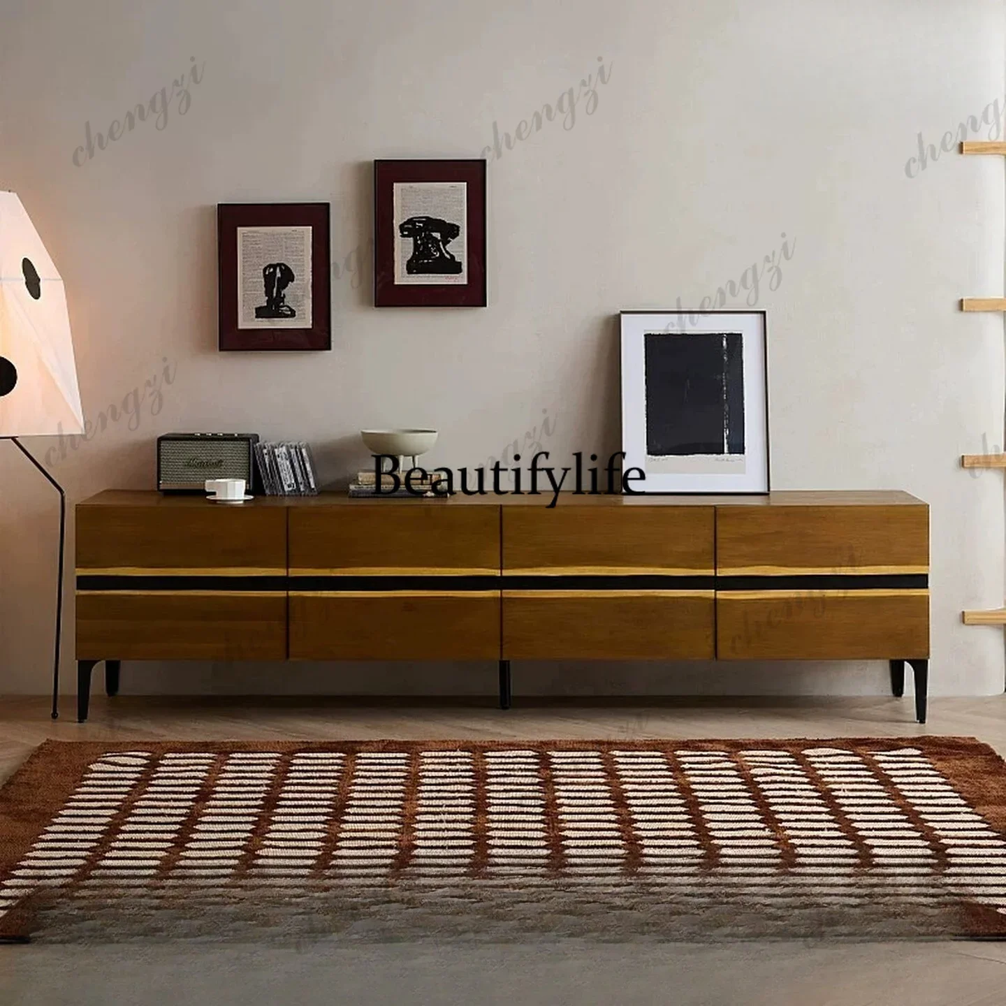 D136 Nordic retro old medieval solid wood metal oak TV cabinet natural side living room view hall floor cabinet