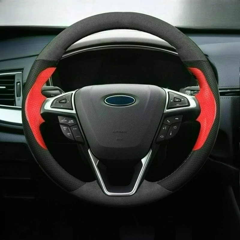 

Hand-stitched renovation black red Leather black suede car steering wheel cover For Ford Mondeo Fusion 2013-2019 EDGE 2015-2019