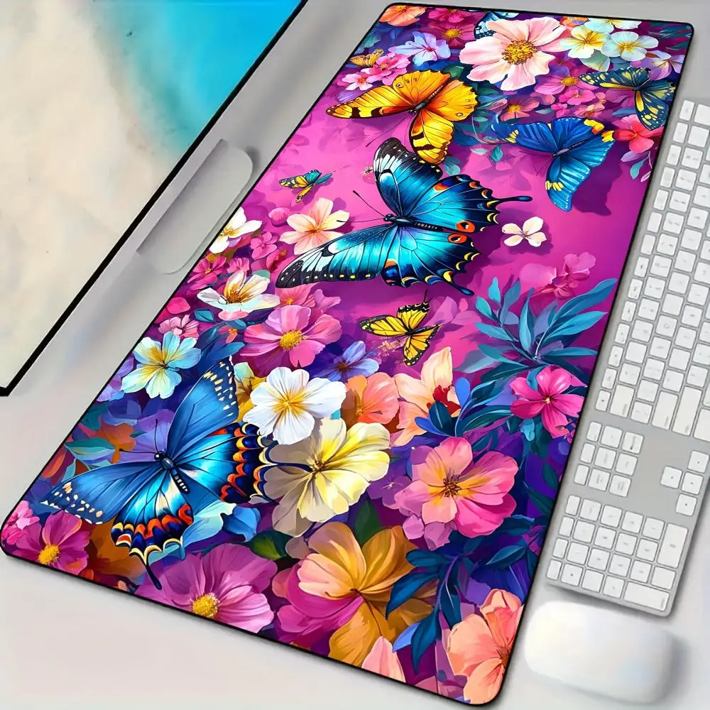 Romantic flowers and butterflies Mouse Pad Desk Mat Stitched Edge XXL Mousepads Rubber Anti-slip Gamer Keyboard Rug Gaming Mats
