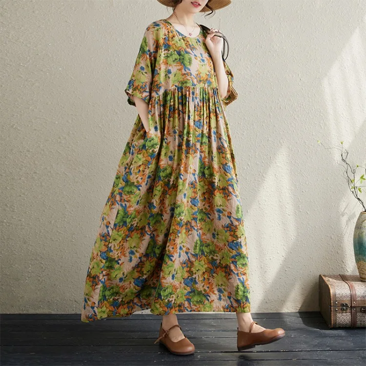 Plus Size Bohemian Print Maxi Long Dress for Women Floral Casual Cotton Linen Loose Vintage Vestidos Para Mujer Robe Dresses