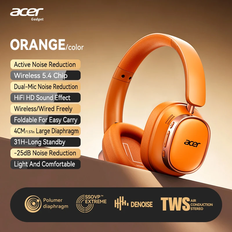 Acer Ohr633 2026 New Model Wireless Bluetooth Headset Hifi Stereo Sound Quality Anc Call Noise Reduction Foldable and Adjustable Design Built-In High-Definition Microphone Gaming Headset image 3