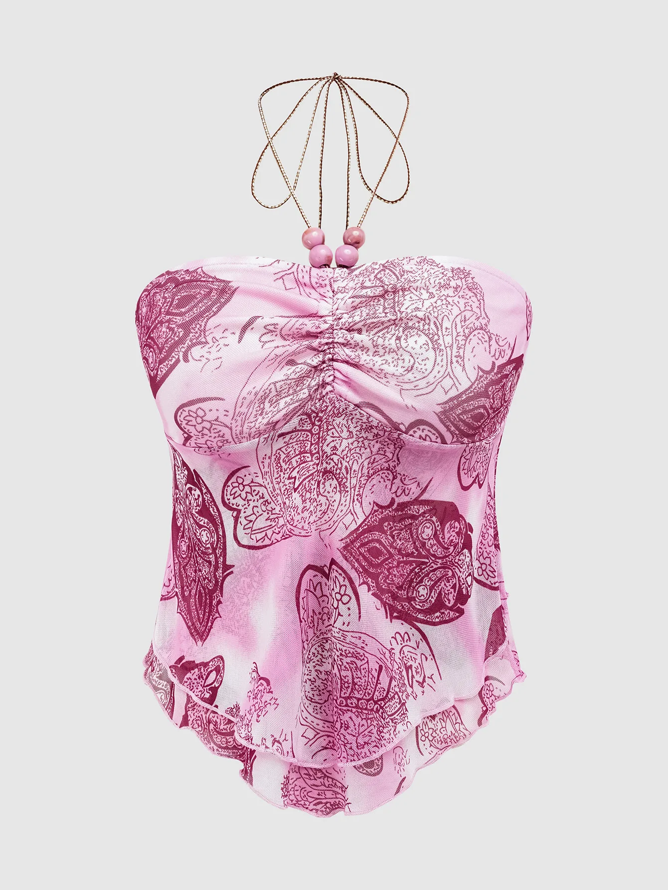 マーメイドタイダイプリーツサスペンダーイレギュラーヘムレースアップビーズ付きホルターネックバンドゥトップガール